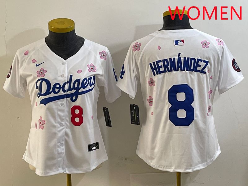 Women Los Angeles Dodgers 8 Hernandez White Sakura Edition 2025 Nike MLB Jersey style 3